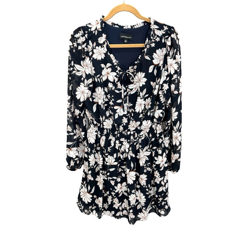 Fortune + Ivy Women's Sz PM Black Floral Tie Neck Balloon Knee Length Dress